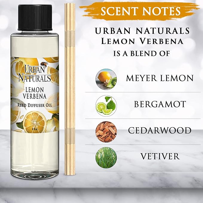 Urban Naturals Lemon Verbena Scented Oil Reed Diffuser Refill | Includes a Free Set of Reed Sticks! 4 oz.