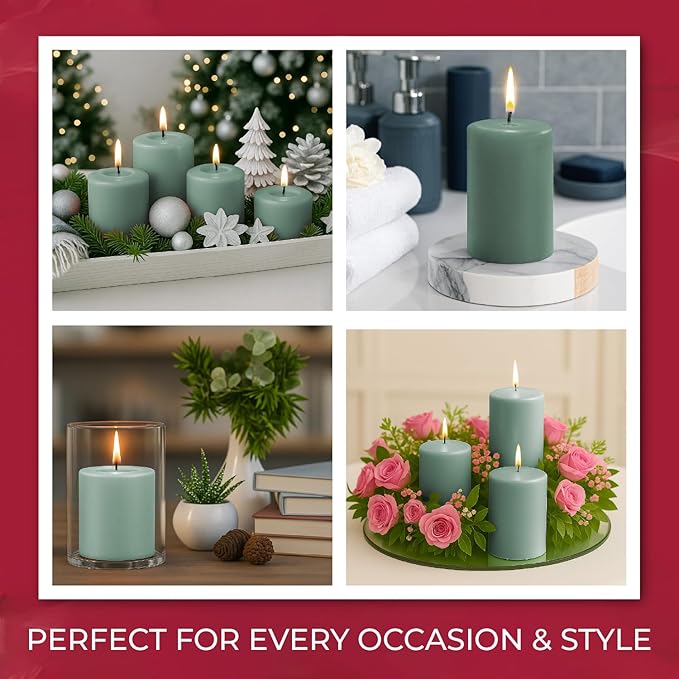 Biedermann & Sons Dripless Unscented Pillar Candles, 45-Hour Burn Time, Seafoam Green, 3 x 4 Inch - Set of 7