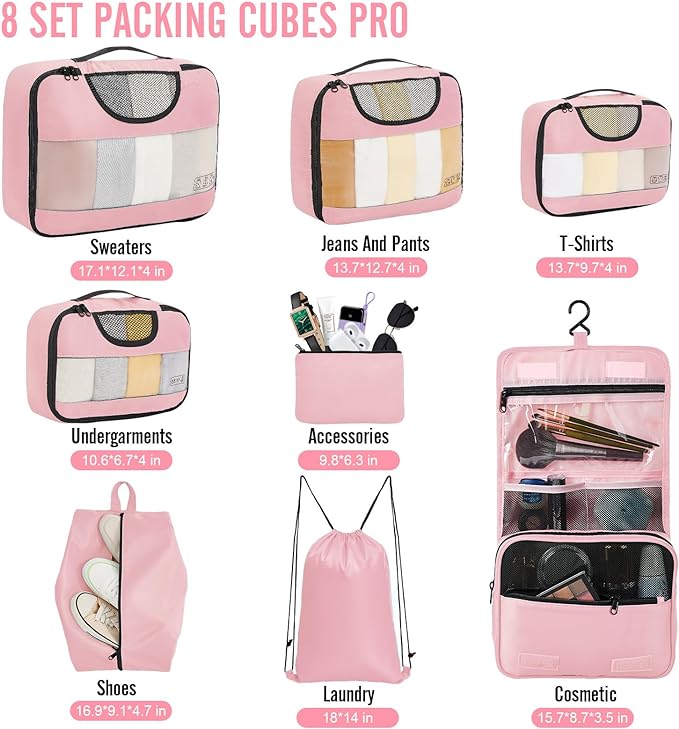 Veken 8 Set Packing Cubes for Travel Essentials, Pink Suitcase Organizer Bags in 4 Sizes, Carry-On Luggage Accessories with Large Laundry & Hanging Toiletry Bag, Must-Have for Airplane, Road Trip