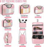 Veken 8 Set Packing Cubes for Travel Essentials, Pink Suitcase Organizer Bags in 4 Sizes, Carry-On Luggage Accessories with Large Laundry & Hanging Toiletry Bag, Must-Have for Airplane, Road Trip