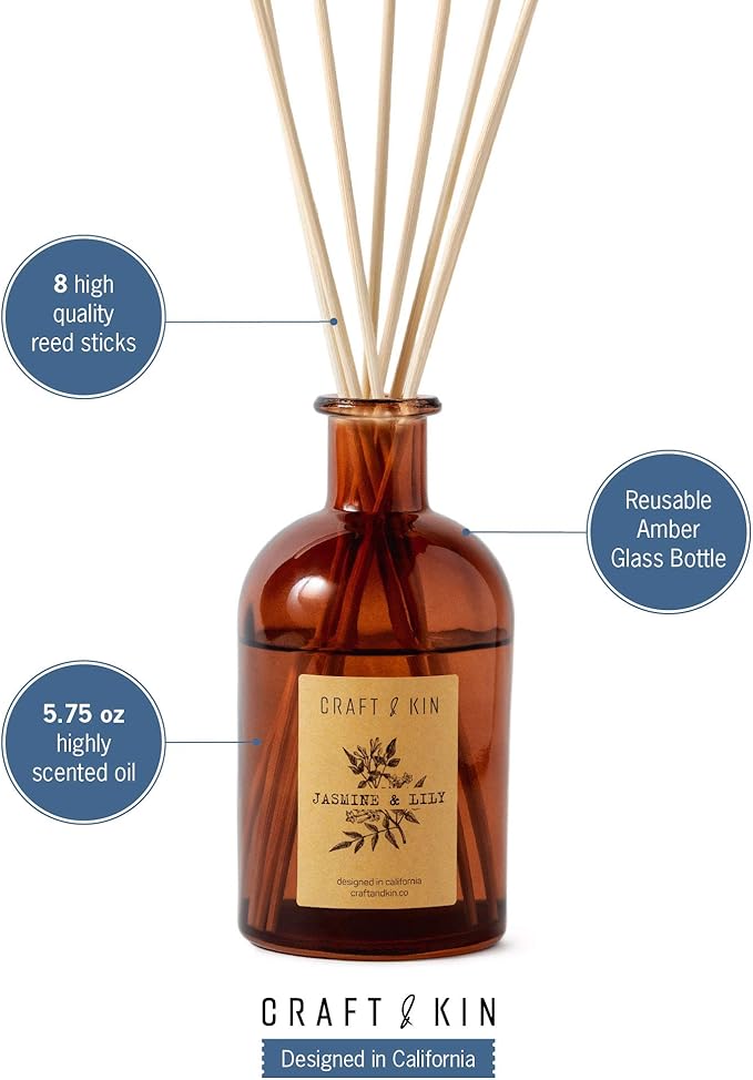 Craft & Kin Lily & Jasmine Diffuser Reed Diffuser | All Natural Essential Oil & 8 Rattan Scent Sticks | Reed Diffusers for Home, Bathroom | Long Lasting Home Fragrance in Amber Glass, 5.75oz