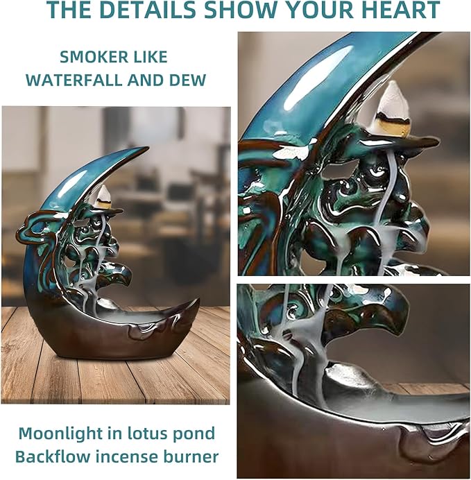 Moon Backflow Incense Holder – Ceramic Incense Cone Holder with 60 Backflow Incense Cones | Waterfall Incense Burner & Waterfall Fountain | Incense Waterfall Effect for Relaxation & Meditation