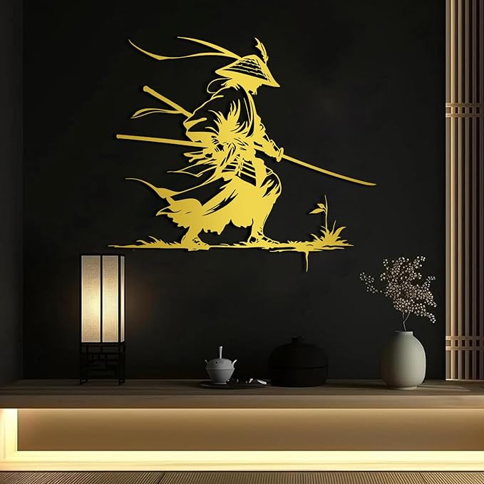 Samurai Metal Wall Art, Japanese Samurai Metal Wall Decor, Japanese Wall Art, Ninja Warrior Wall Decor, Gifts for Japan Lover, Wall Decoration for Living Room (Silver, 39"x34"/100x88cm, metal wall art)
