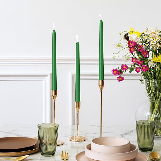 12 Pack Green Taper Candles 10 inch - Taper Candles Dripless, Smokeless, Unscented - 8 Hours Long Burning - Hand Poured Tall Candlesticks - Perfect for Home Decor, Weddings, and Special Occasions