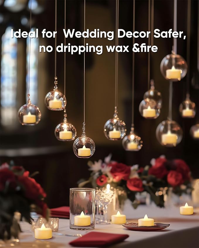 Raycare White Tea Lights Battery Operated, 50 Pack Long Lasting Electric Votive Candles, Realistic Fake Flameless LED Tea Lights for Wedding Party Thanksgiving Christmas Halloween Decorations
