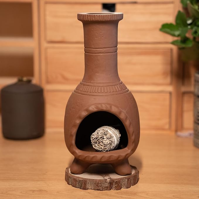 Handmade Terracotta Palo Santo Holder Burner for Smudging and Meditation - Mexican Style Chiminea Clay Incense Dish for Wiccan Altar and Negative Energy Cleansing