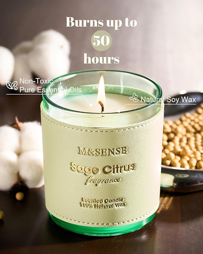 M&SENSE Sage Citrus Scented Vegan Soy Candles,Naturally Scented, No Toxin 10oz 42-Hour Long Burning Time,Calming Relax Air Purifying Candles for Home Fragrance,Housewarming Gift for Women & Men