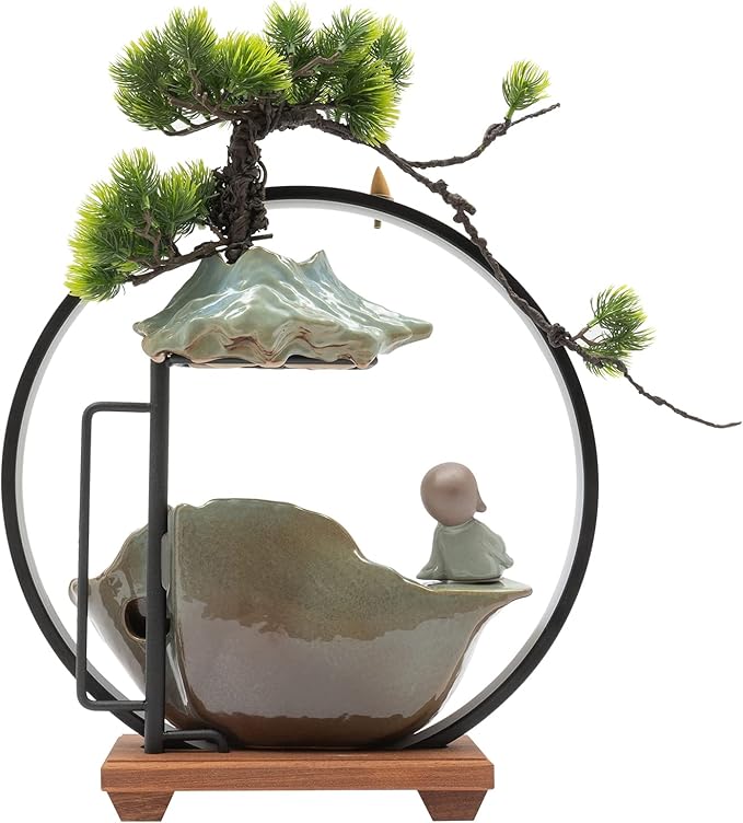 Backflow Incense Holder with Water Fountains and LED Light, Rockery, Monk and Plants Perfect for Relaxing or Home Decor (Monk witn Rockery)