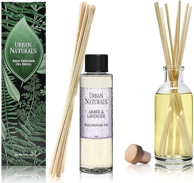 Urban Naturals Reed Diffuser Oil Refill Amber & Lavender, Soothing Lavender, Warm Amber, Calming Room Scent, 4 oz + Free Reed Sticks, Made in The USA