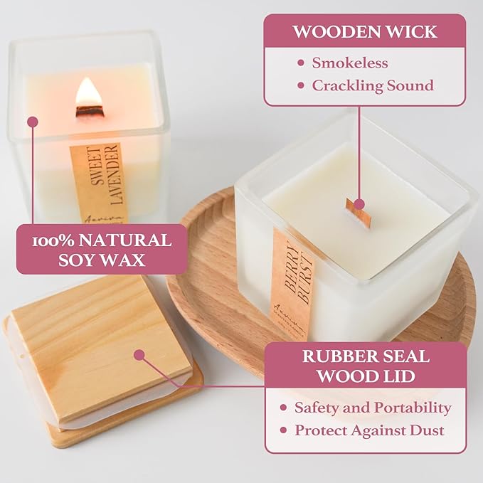 Scented Candle, 7.04 oz Berry Burst Aromatherapy Candle, Natural Soy Wax with Wooden Wick, 45 Hours Burn Time, Stress Relief Meditation Amber Jar Candle Gifts