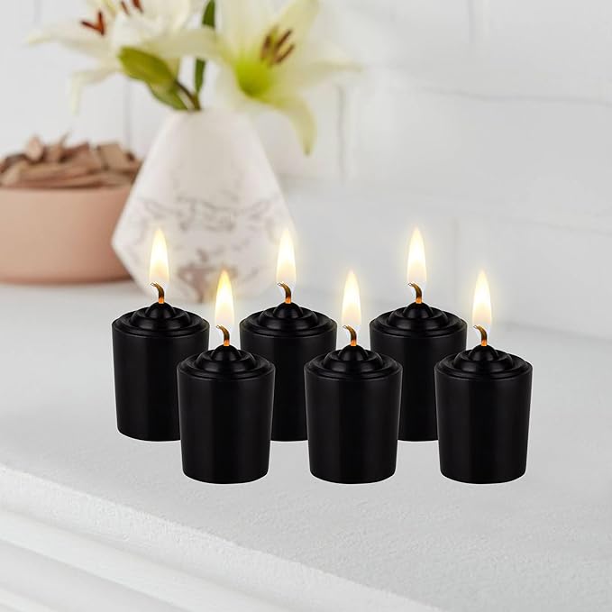 Mega Candles 12 pcs Unscented Black Votive Candles, Hand Poured Wax Candle 15 Hours 1.5 Inch x 2.25 Inch, Home Décor, Wedding Receptions, Centerpieces, Occasions, Events, Meditations, Holders
