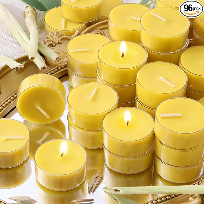 Fresh Citronella Highly Scented Tea Lights Candles 96 Pack, 4-5 Hours Natural Palm Tea Candles Bulk for Home Scented, Small Indoor Summer Scented Tealight Votives for Home, Patio Garden Yard