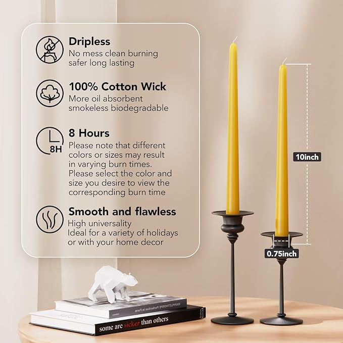 New Burning Formula Unscented Dripless 10-Inch Taper Candles Set of 12 - Spicy Mustard, for Wedding, Dinner - Smokeless, Long Burning - Hand Poured, Colored Tall Candlesticks - Mostaza Picante