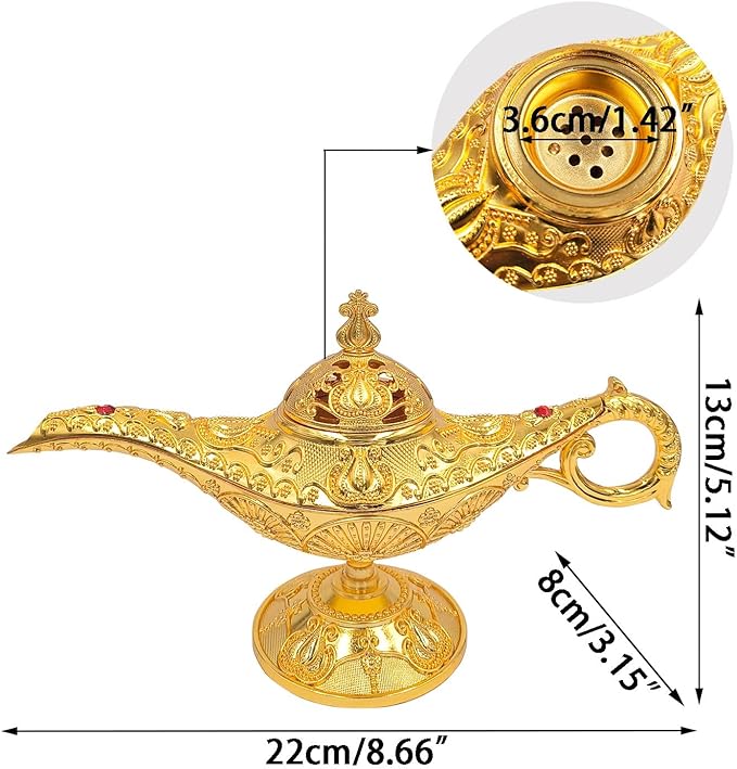 Vintage Aladdin Genie Lamp Cone Incense Holder,Legend Magic Lamp Incense Burner Arabian Costume Props,Wishing Light for Home Decor Birthday Party Wedding Gold