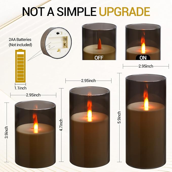 Flameless LED Candles, New Analog 3D Wick Battery Powered Candle, Fake Candle with Remote Control & Timer for Dining Table/Cafe/Living Room/Bedroom/Wedding Center Decor (Grey)