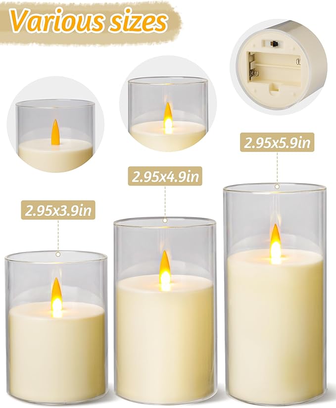 Flameless Candles, LED Candles with Remote Control and Timer, New True Analog 3D Wick Battery-Powered Acrylic Pillar Candle for Romantic Ambience and Home Décor, 3 Piece Set (Ivory)