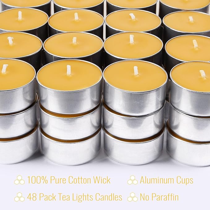 48 Pack Beeswax Tealight Candles Bulk,Pure Natural Bees Wax in Aluminum Shell - 4 Hour Extended Burn Time,Smokeless Tea Light Candles for Home Deco,Table centerpieces