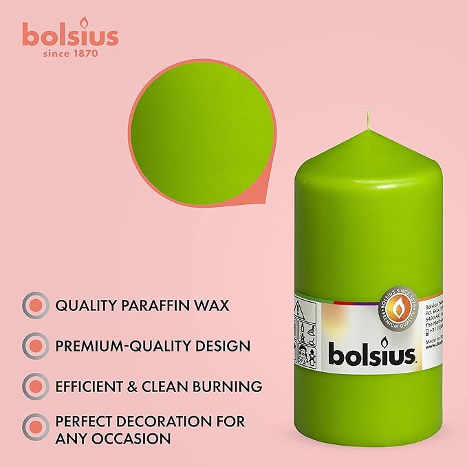 BOLSIUS 8 Lime Green Pillar Candles - 2.75 x 5 Inches - Premium European Quality - Individually Wrapped - 43 Hours Burn Time - Dripless & Smokeless - Unscented Dinner, Wedding & Restaurant Candles
