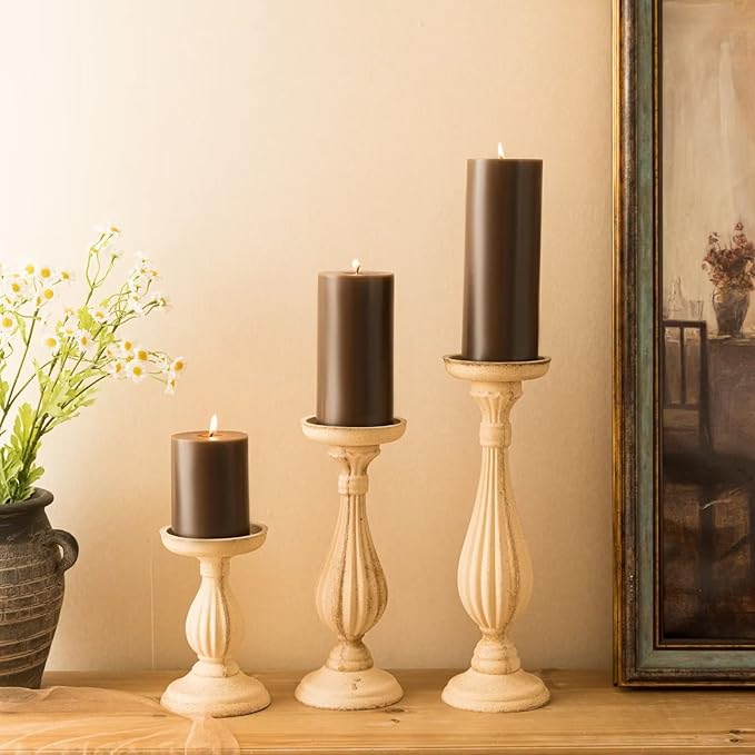 MOZEAL 3" x 6" Hand-Poured Unscented Candle,Dripless Pillar Candle Set of 3,Long Lasting Burning,Approx 120 Hours Burn Time,Rustic Country Style,for Wedding,Dinner,Christmas and Home Decor,Brown
