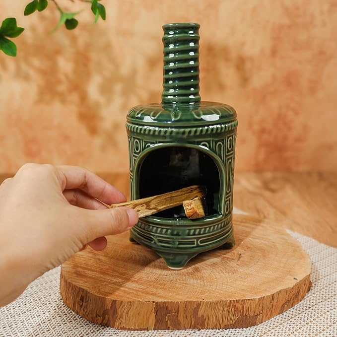 Handmade Ceramic Palo Santo Holder & Mini Chiminea Incense Dish-Perfect for Palo Santo Sticks, Altar，Sage, and Cone Burning-Zen Decor for Energy Cleansing, Yoga, Meditation & Aromatherapy