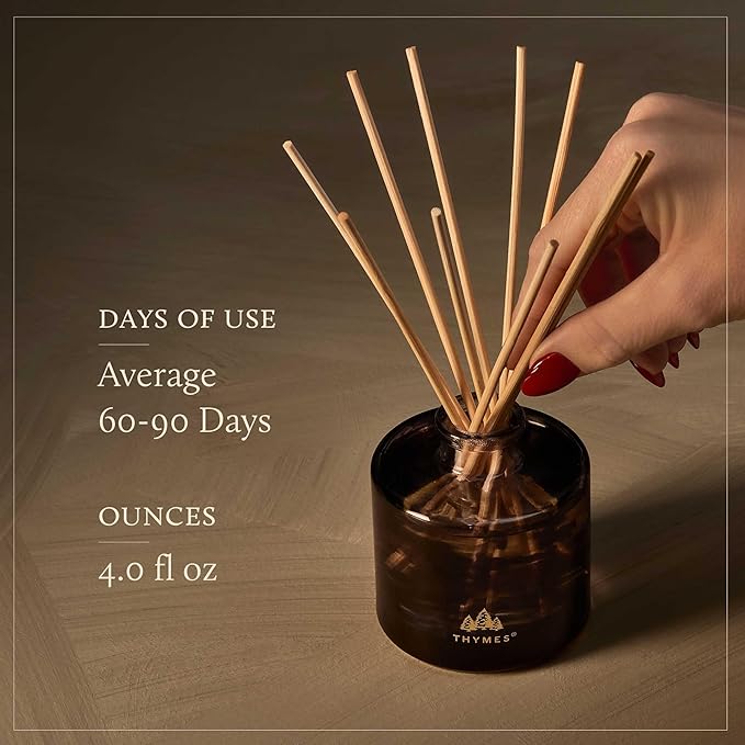 Thymes Petite Oil Reed Diffuser Set – Includes Reeds, Fragrance Oil & Glass Bottle – Luxury Scent Diffusers for Home Decor –Fresh Evergreen, Smoky Wood & Golden Amber (Noir Woods, 4 fl oz)