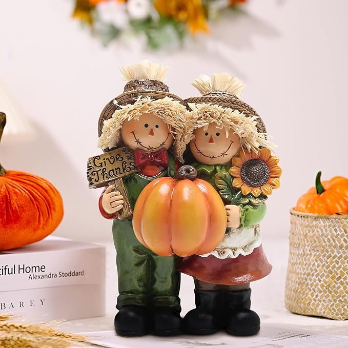 Hodao Fall Thanksgiving Scarecrow Couple Table Decorations Indoor, Resin Thanksgiving Scarecrow Figurines-Fall Thanksgiving Gifts-Fall Decorations for Home