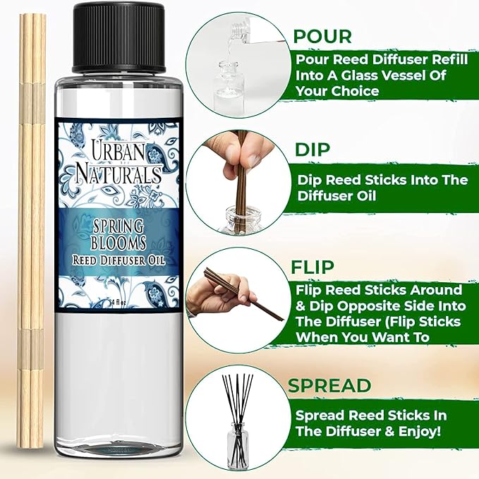 Urban Naturals Spring Blooms Scented Oil Reed Diffuser Refill | Free Set of Reed Sticks! Bulgarian Rose, Egyptian Jasmine, Blue Orchid, Lily of The Valley, Amber