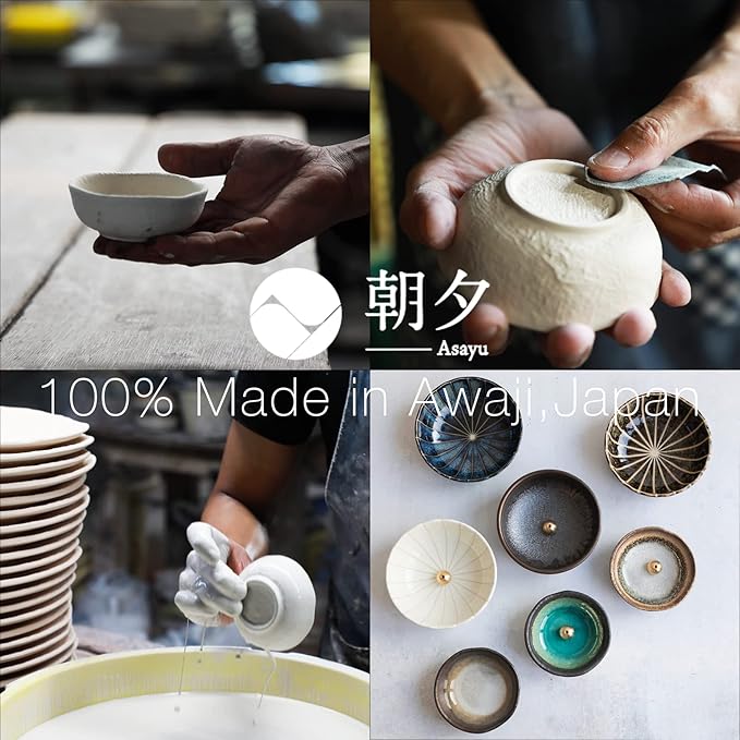 Asayu Japan White Lotus Incense Holder for Sticks 4.1 inch (105mm), Traditional Made in Japan Ceramic Ash Catcher and Brass Incense Burner Set, Japanese Incense Bowl