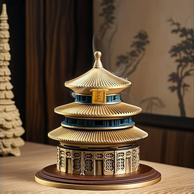 Chinese Temple of Heaven Incense Burner - Heavy 1050g Solid Brass 3-Layer Censer with Lid, Feng Shui Altar Decor for Cones, Sage, Resins, 5x5x5 Inch Natural Brass Meditation Gift