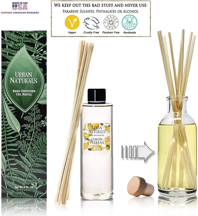 Urban Naturals Lemon Verbena Scented Oil Reed Diffuser Refill | Includes a Free Set of Reed Sticks! 4 oz.