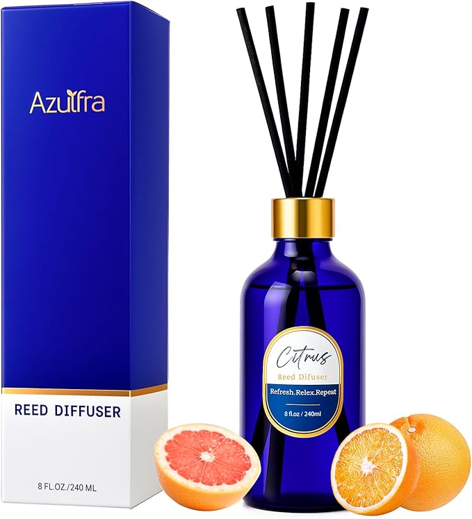 8 OZ Reed Diffusers Set Citrus, Luxury Scented Room Fresheners with 6 Reed Sticks, Luxury Blue Glass Bottle for Bathroom Office Shelf Decor