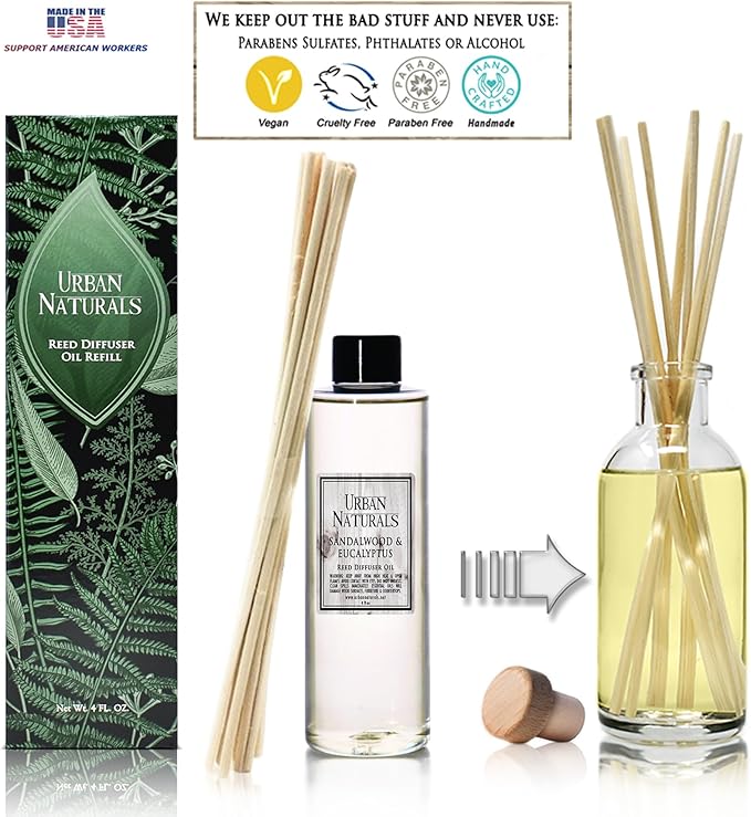 Urban Naturals Reed Diffuser Oil Refill, Sandalwood & Eucalyptus Diffuser Oils with Musk, Herbal Woods, 4 oz + Free Reed Sticks, Made in The USA