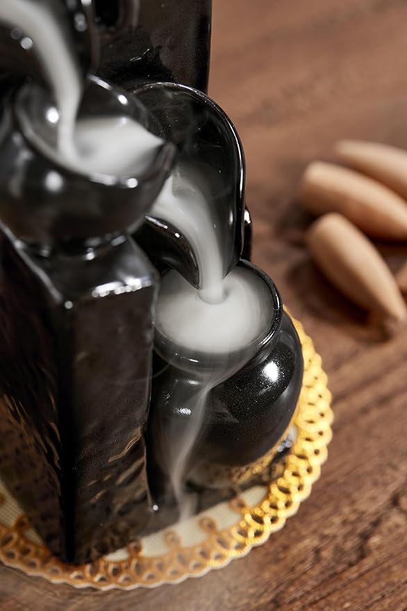 Unique Cascading Basins Ceramic Waterfall Incense Holder, Paired with a Pack of Backflow Incense Cones. (Black)