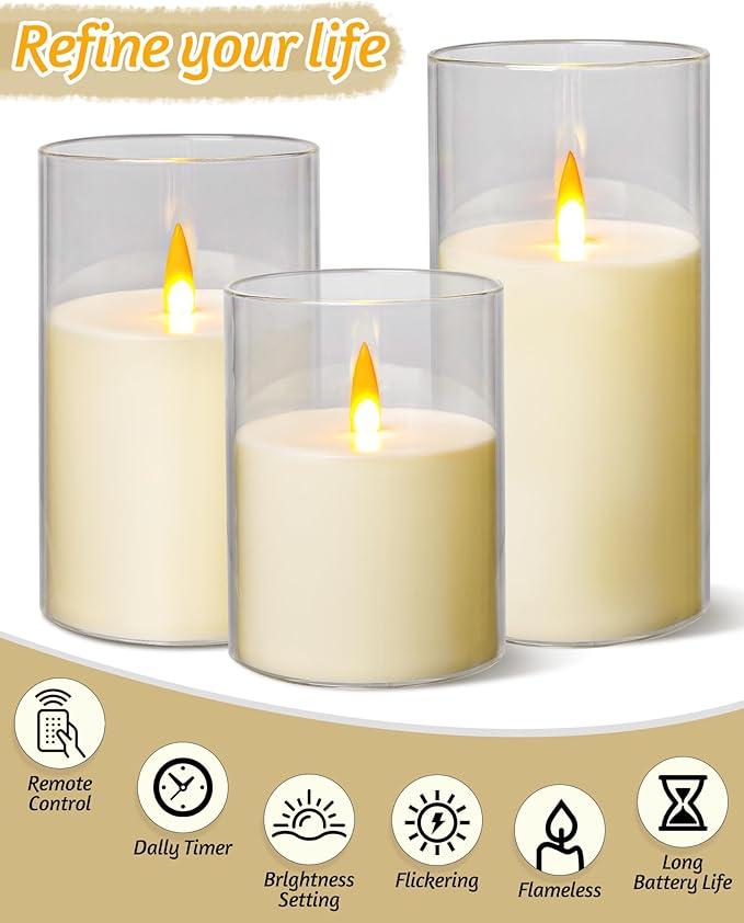 Flameless Candles, LED Candles with Remote Control and Timer, New True Analog 3D Wick Battery-Powered Acrylic Pillar Candle for Romantic Ambience and Home Décor, 3 Piece Set (Ivory)