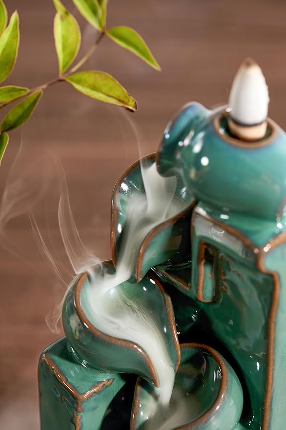 Unique Cascading Basins Ceramic Waterfall Incense Holder, Paired with a Pack of Backflow Incense Cones. (Blue)