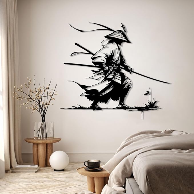 Samurai Metal Wall Art, Japanese Samurai Metal Wall Decor, Japanese Wall Art, Ninja Warrior Wall Decor, Gifts for Japan Lover, Wall Decoration for Living Room (Black, 30"x26"/76x67cm, metal wall art)