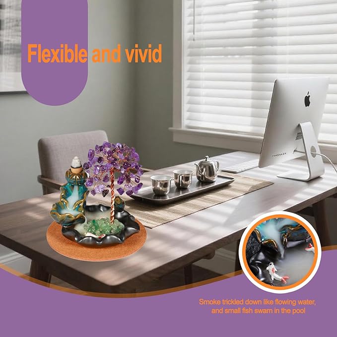 Amethyst Incense Holder Burner, Waterfall Fountain Backflow Cone Burner, Healing Crystal and Stone, Women Gifts for Christma