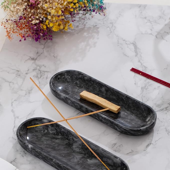 Incense Holder, Natural Marble Incense Burner, Incense Stick Holder for Meditation, insence-Sticks Holder, 10.6inch Ash Catcher (Black)