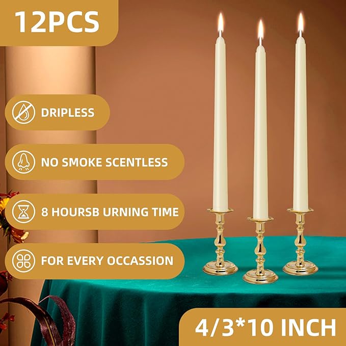 12 Pack Ivory Taper Candles 10 inch - Taper Candles Dripless, Smokeless, Unscented - 8 Hours Long Burning - Hand Poured Tall Candlesticks - Perfect for Home Decor, Weddings, and Special Occasions