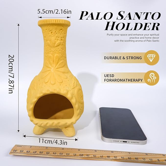 Yellow Floral Reliefs Palo Santo Burner Holder-Mexican Mini Chiminea Inspired,Chimney for Smudging Sage/Incense Cones/Sticks for Altar/Zen Rituals, Handmade Decor for Witchcraft Supplies