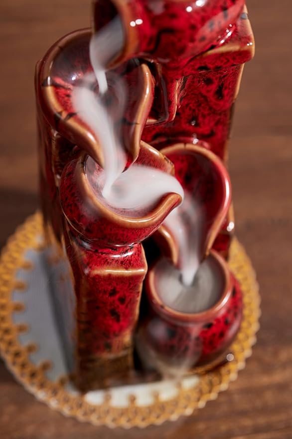 Unique Cascading Basins Ceramic Waterfall Incense Holder, Paired with a Pack of Backflow Incense Cones. (Fambe Red)
