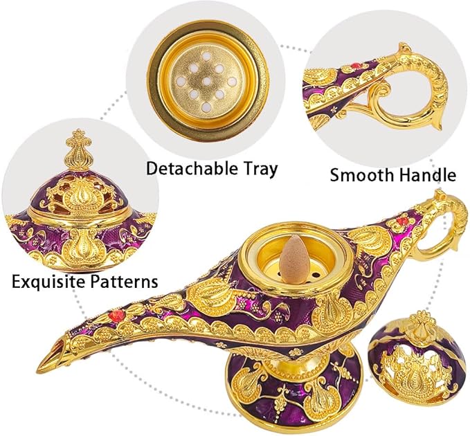 Vintage Aladdin Genie Lamp Cone Incense Holder,Legend Magic Lamp Incense Burner Arabian Costume Props,Wishing Light for Home Decor Birthday Party Wedding Purple