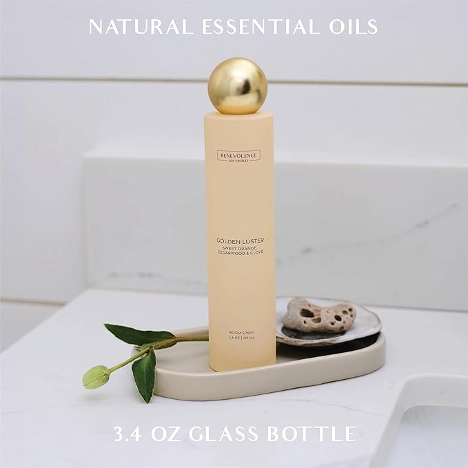 Benevolence LA Golden Luster Room Spray | Orange, Cedarwood & Clove | 3.4oz | Fall Home Fragrance, Pillow & Linen Spray | Low VOC, No Alcohol | Malibu Sands Collection