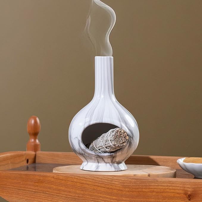Handmade Ceramic Incense Holder，Stick & Backflow - Sage Holder for Burning ，Meditation Accessories，Easily Grab All Incense Ash (Marble)
