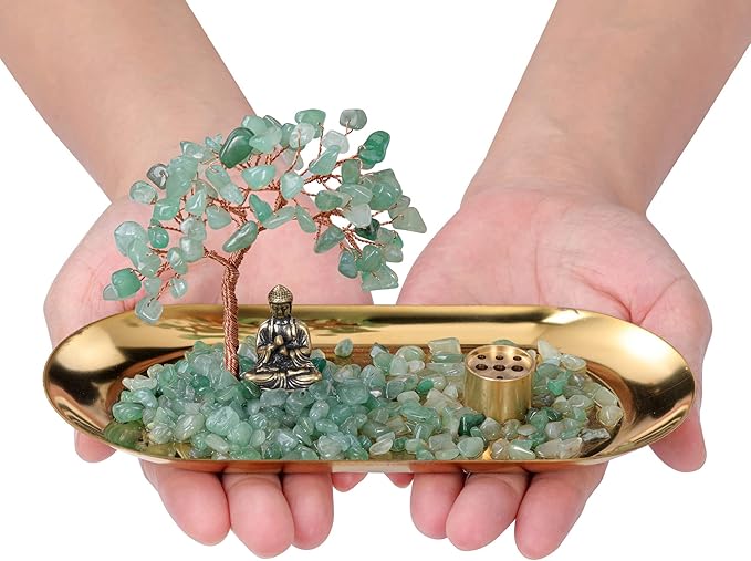 Jovivi Crystal Incense Holder for Sticks, Green Aventurine Healing Crystal Stone Money Tree Buddha Statue Set Incense Burner, Incense Trays for Wealth, Good Luck,Yoga Meditation Home Decor