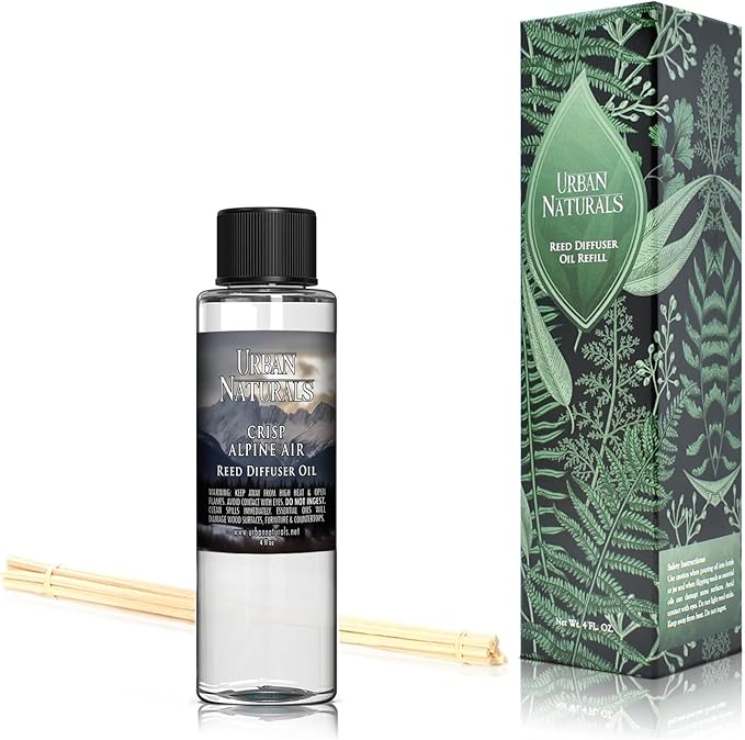 Urban Naturals Reed Diffuser Oil Refill, Crisp Alpine Air Diffuser Oils with Eucalyptus, Pine, Citrus, 4 oz + Free Reed Sticks, Made in The USA