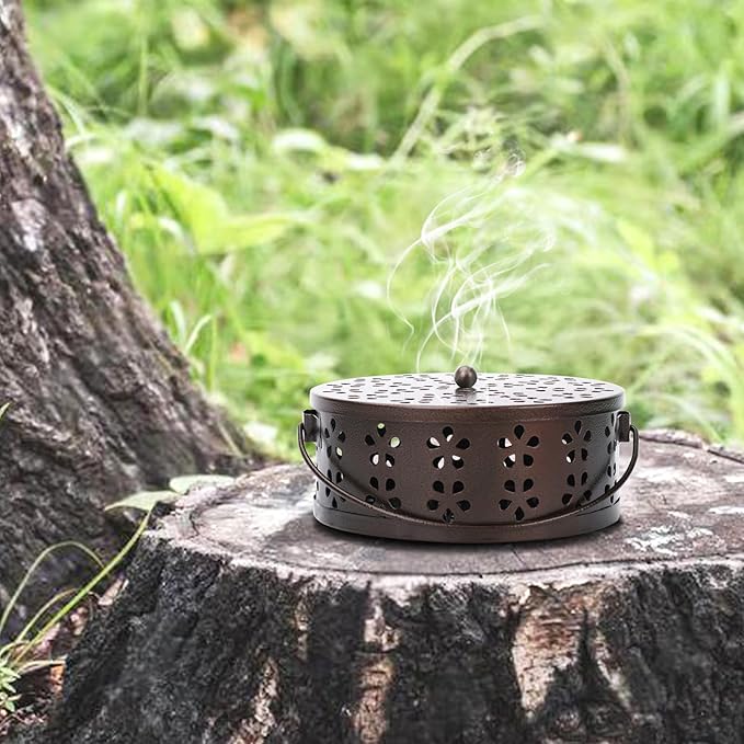Mosquito Coil Holder 2 Pack Citronella Incense Coil Holder Outdoor Steel Round Mosquito Coil Burner Tray with Handle and Lid (Black/Bronze)