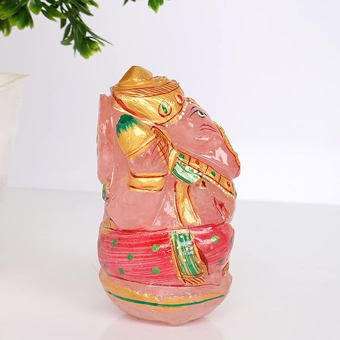 REAL-GEMS Lord Ganesha Figurines Handmade Rose Quartz Gemstone Decorative Statue Modern Home Table Decor Gifts Approximately 1280 Ct.…