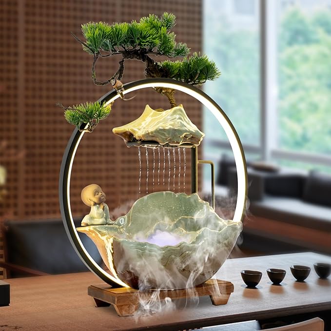 Backflow Incense Holder with Water Fountains and LED Light, Rockery, Meditation Monk and Plants Perfect for Relaxing or Home Decor (Meditation Monk)
