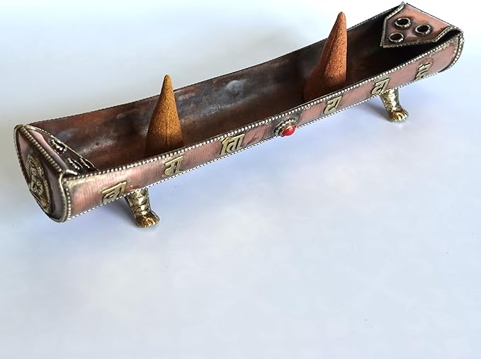 Traditional Handmade Incense Holder for Sticks and Cones | 100% Pure Copper & Brass Incense Burner | Buddhha & Buddhist Text | Stand Holds 6 Sticks & 6 Cones | Effective Ash Catcher